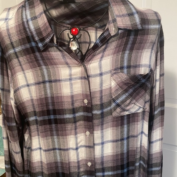 Women's Plaid Button-Up Shirt - Purple Plaid - Picture 3 of 9